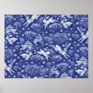Hares Snö Fält White Rabbits Winter Animal Blue Poster