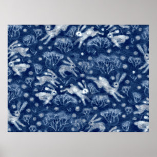 Hares Snö Fält White Rabbits Winter Animals Blue Poster