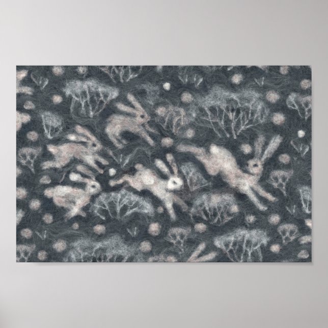 Hares Snö Fält White Rabbits Winter Animals Grått Poster (Framsidan)