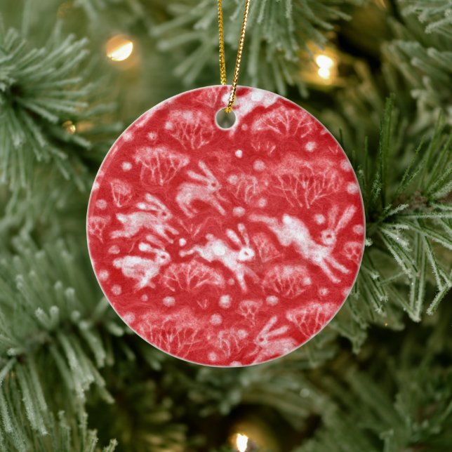 Hares Snö Fält White Rabbits Winter Animals Red Julgransprydnad Keramik (Träd)