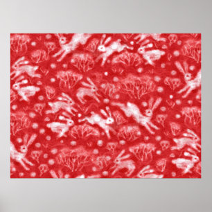 Hares Snö Fält White Rabbits Winter Animals Red Poster