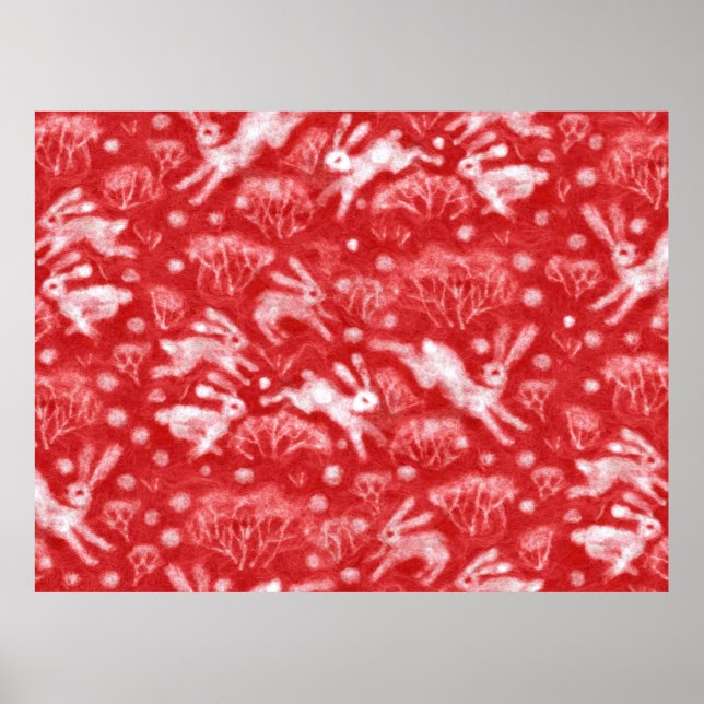 Hares Snö Fält White Rabbits Winter Animals Red Poster (Framsidan)