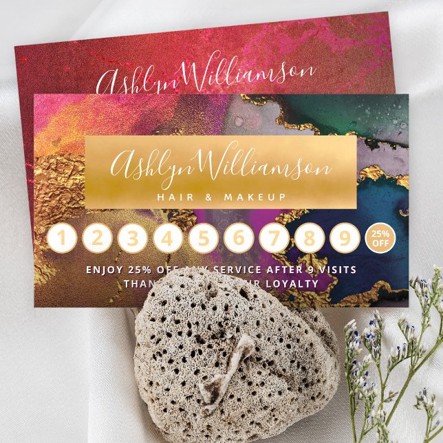Hårfärgsmarmor shock rosa guld grönt lojalitetskort (Skapare uppladdad)