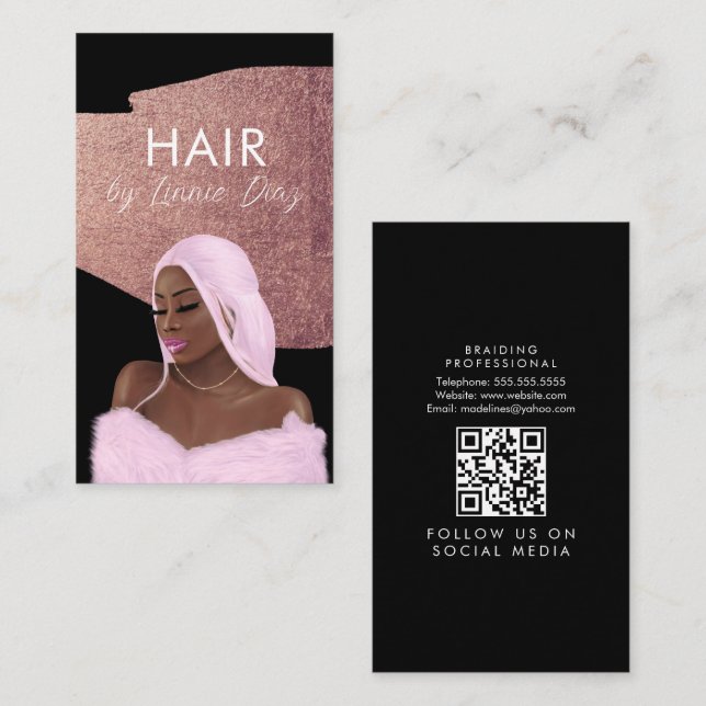 Hårflätningsalonj Schönhet Svart Skript Rosa Guld Visitkort (Fram/baksida)