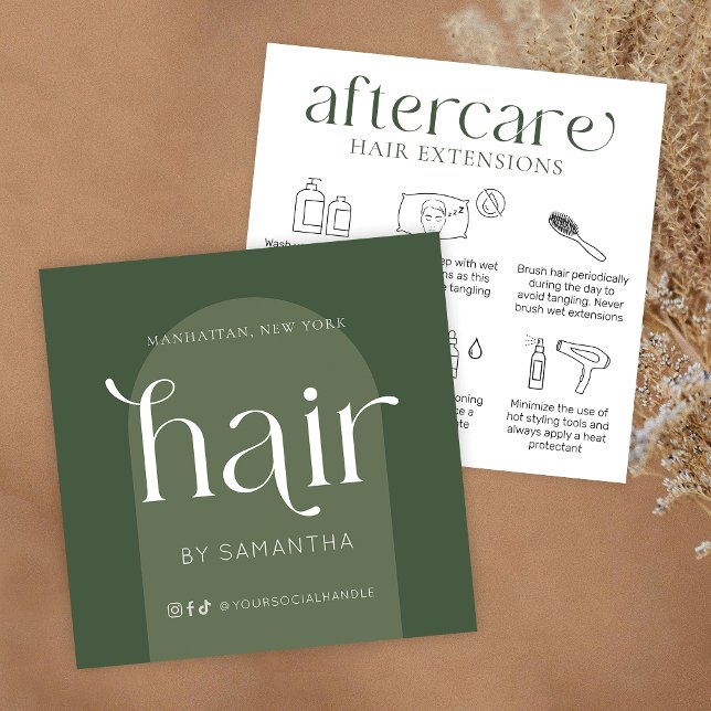 Hårförlängningar eftervård Modern Boho Sage Grönt Fyrkantigt Visitkort (Hair extensions after care cards in boho sage green with care icons & trendy fonts)