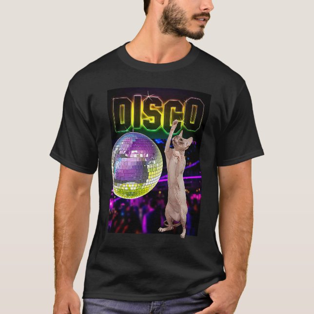 Hårfri Sphynx Katt på Disco Dansande Katt T Shirt (Framsida)