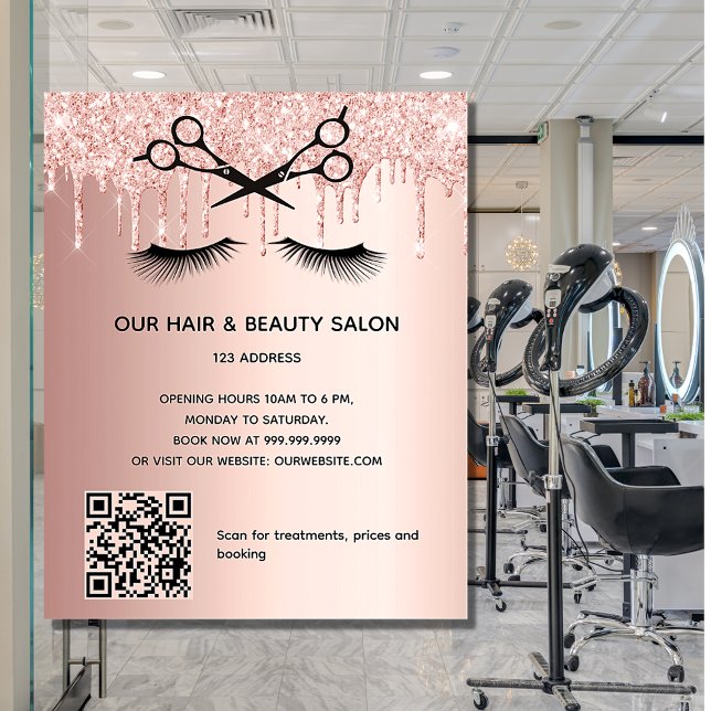 Hårfrisering salong rose gold glitter QR-kod Flygblad (Skapare uppladdad)