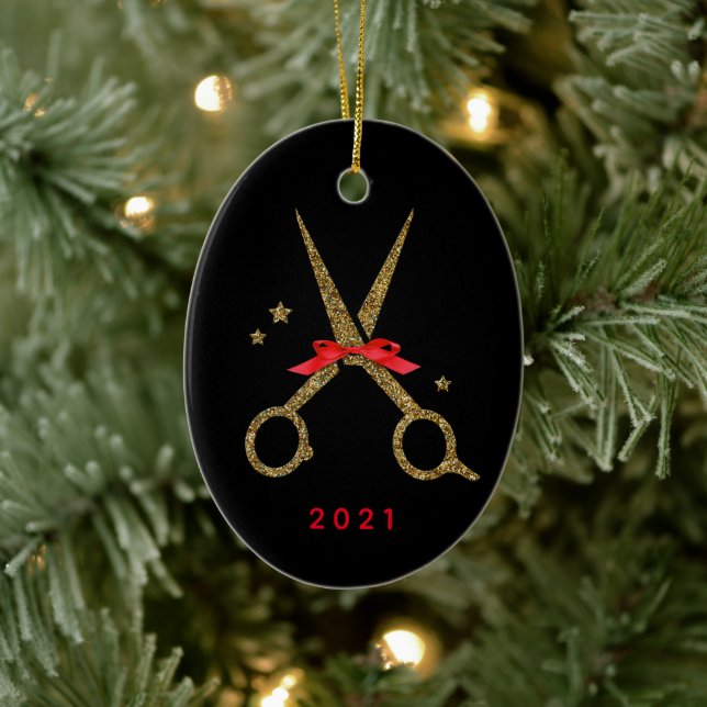 Hårfrisör stylist Golden glitter sax Julgransprydnad Keramik (Träd)