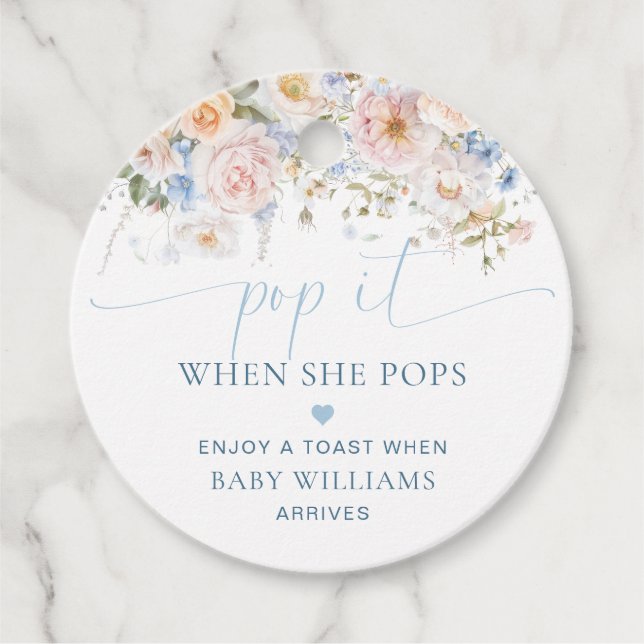 Hargrove Blue Blommigt Baby Shower Pop it it Gåvor Etiketter (Framsida)