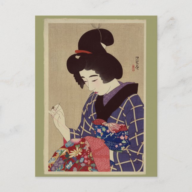 "Hari shigoto" (Sewing) av Itō Shinsui Vykort (Framsida)