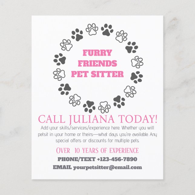 Hårig Friends Pet Sitter Rosa Business Flygblad (Framsidan)
