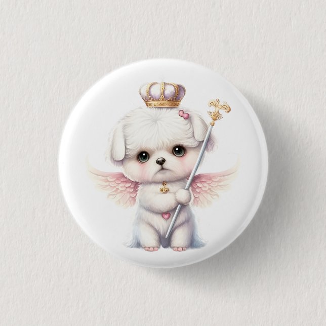 Hårig Joy: Angel Vinge Maltesisk Hund Puppy Gift Knapp (Framsida)