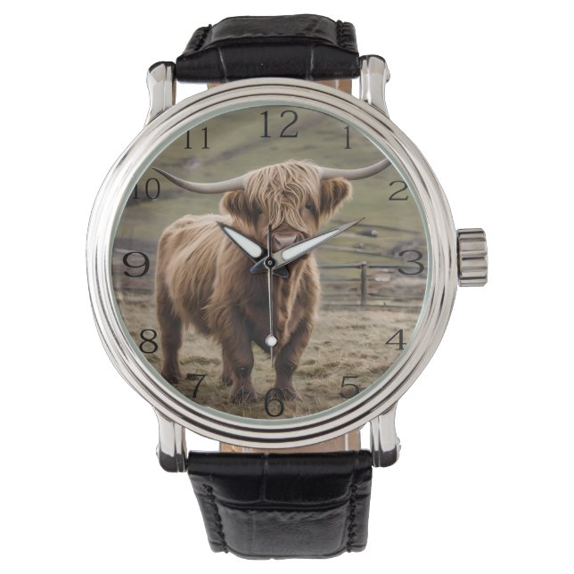 **"Hårig Majestät: Wooly Brown Highland Cow"** Armbandsur (Framsida)