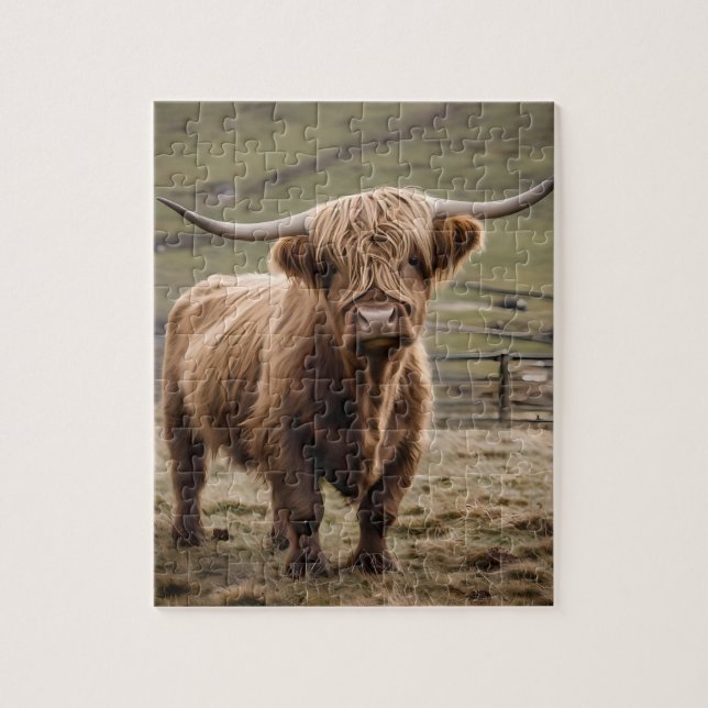 **"Hårig Majestät: Wooly Brown Highland Cow"** Pussel (Vertikal)