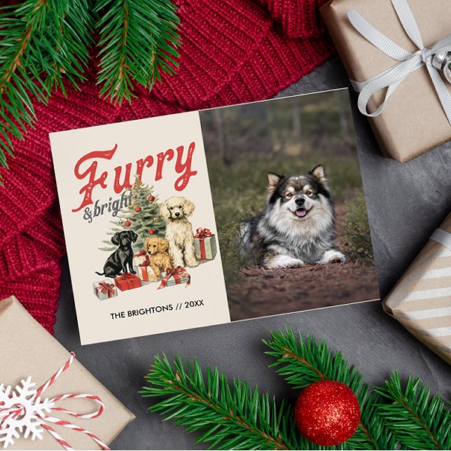 HÅRIG OCH BRIGHT GOD JUL HUND PET FURBABY HELG VYKORT (furry and bright pet themed holiday photo postcard with custom message and return address)