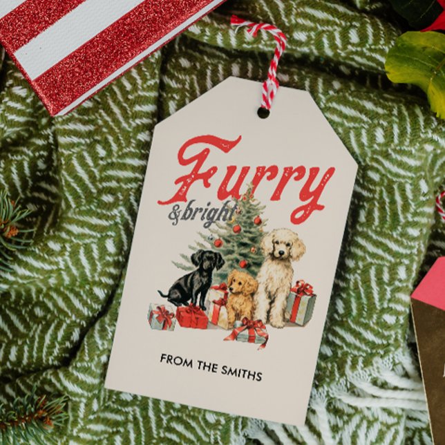 HÅRIG- OCH BRIGHT VINTAGE-ANPASSNINGSBAR CHRISTMAS PRESENTETIKETT (FURRY AND BRIGHT DOGS UNDER CHRISTMAS TREE HOLIDAY GIFT TAG PET THEME VINTAGE RETRO)