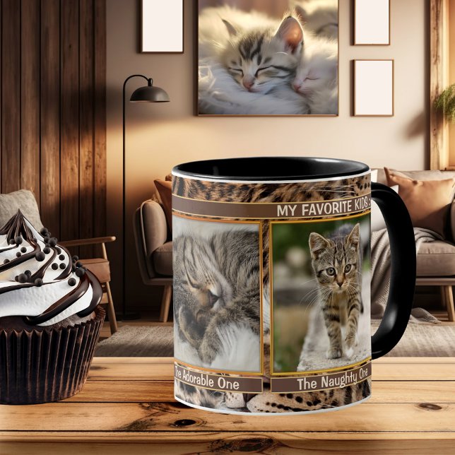 Hårig Purry 3 Cat Photos Personlig mugg (A delightful gift for cat lovers: a personalized mug featuring 3 of your own favorite cat photos)
