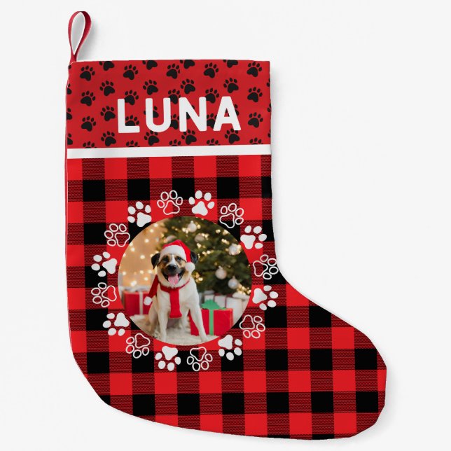 Hårig tass hundälskares fotofamilj Rustic plaid re Liten Julstrumpa (Framsidan)