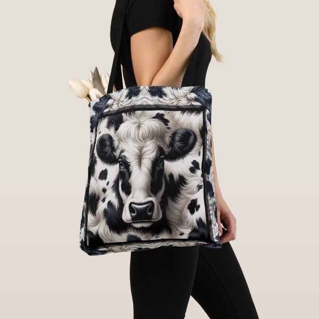 Håriget Black & White Cow Cowhide Päls Tygkasse (Närbild)