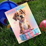 Håriget Friends Boxer Puppy and Gifts Birthday Kort<br><div class="desc">Gör deras speciella dag oförglömlig med vårt berömvärda Boxer Puppy-matade födelsedagskort! Den här roligten och det levande kortet har en söt Boxer-valpen sitta i en stapel av rosa och blå presentlådor med en rosa, blå och gult färg tvättar bakgrund. Det är perfektens sätt att le åt ansikte! Med sin lekfulla...</div>