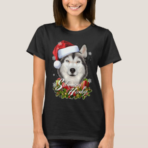 Håriget lycklig, Vita Siberian husky Hund, jul San T Shirt