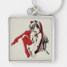 Håriget "Sexy Anime Cat Girl" Fyrkantig Silverfärgad Nyckelring