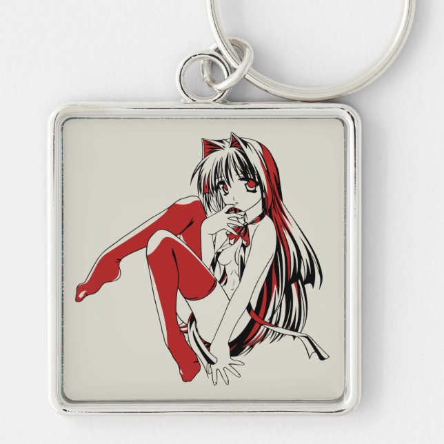 Håriget "Sexy Anime Cat Girl" Fyrkantig Silverfärgad Nyckelring (Framsidan)
