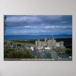 Harlech slott och by, Gwynedd, nordliga Wale Poster