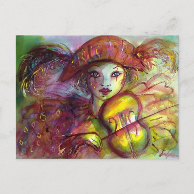 Harlekin spelar fiol, maskeraddräkter vykort (Framsida)