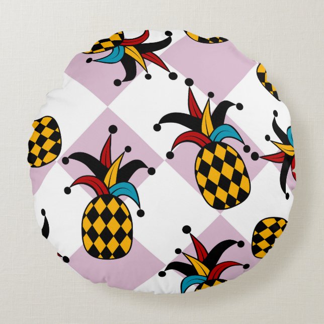 Harlequin Ananas: Vintagen Stylized Doodle Rund Kudde (Framsidan)
