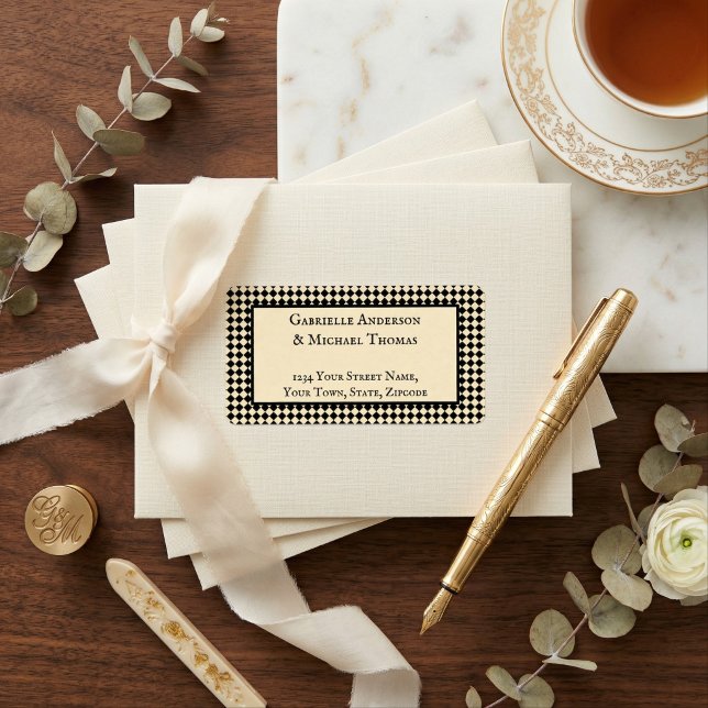 Harlequin Black Cream Text Border Address Labels Adressetikett (Skapare uppladdad)