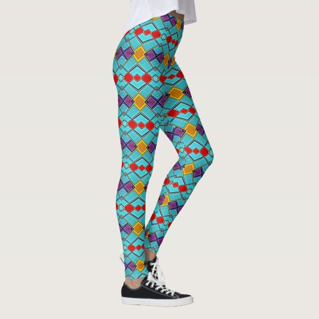 Harlequin blue, red, amber - geometriska rättighet leggings (Höger)