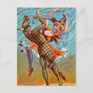 Harlequin Dancing Vintage Illustration Vykort
