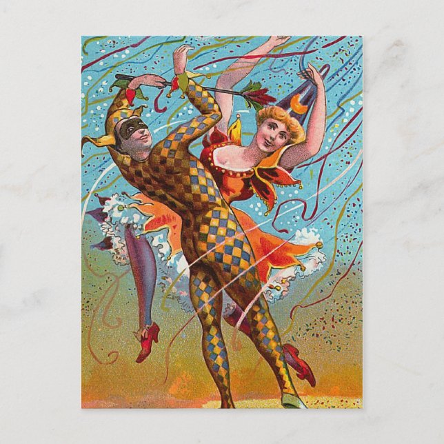 Harlequin Dancing Vintage Illustration Vykort (Framsida)