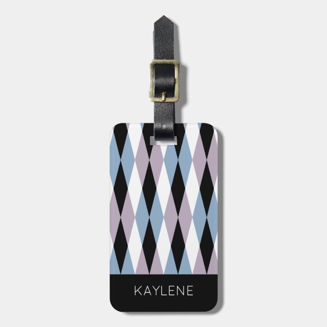 Harlequin Diamond Mönster - Blue and Dusty Lilac Bagagebricka (Vertikal Framsida)