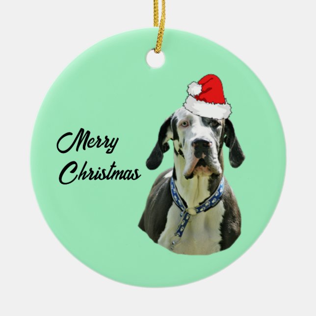 Harlequin Great dane med Santa Hat Julgransprydnad Keramik (Framsidan)