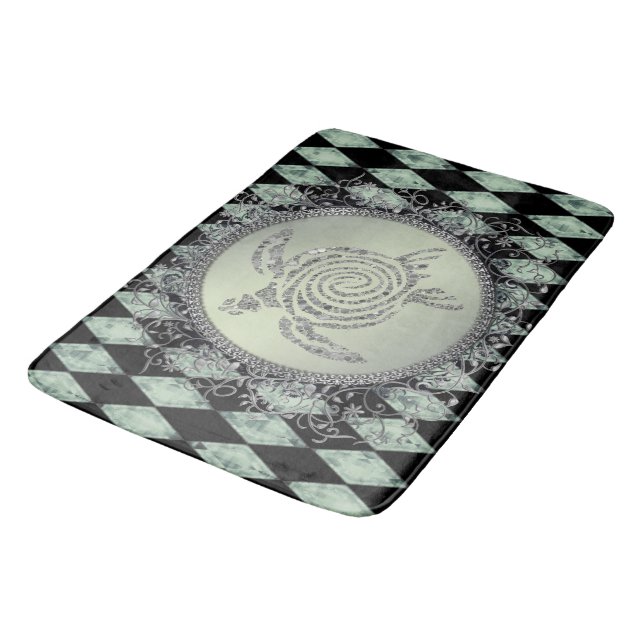 Harlequin Grönt och Silver Glitter Sea Turtle Badrumsmatta (Vinklad)