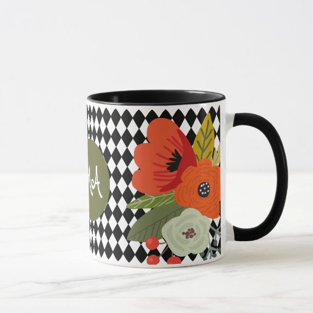 Harlequin-plattor & Flowers, Anpassade Monogram Mugg (Höger)