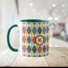 Harlequin Retro Red Guld Grönt Argyle Initial Mugg