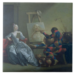 Harlequinmålare, c.1742 (olja på kanfas) kakelplatta