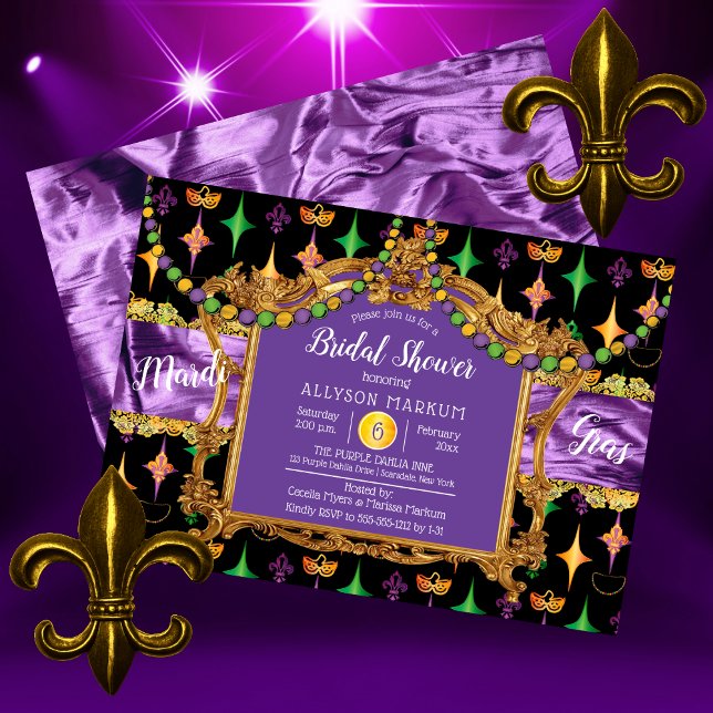 Harlequins Fleur de Lis Mardi Gras Möhippa Inbjudningar (Harlequins Fleur de Lis Mardi Gras Bridal Shower Invitation)