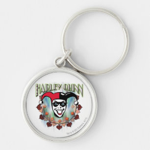 Harley Quinn - Ansikte och Logotyp Rund Silverfärgad Nyckelring