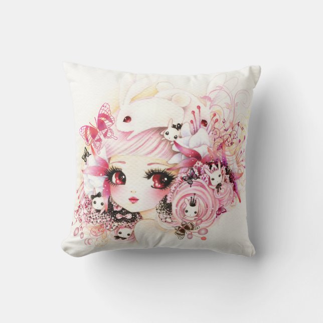 Härlig animeflicka med gulliga kaniner och blommor kudde (Framsida)