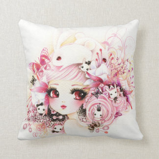 Härlig animeflicka med gulliga kaniner och blommor kudde