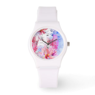 Härlig flicka med en bukett av blommor armbandsur