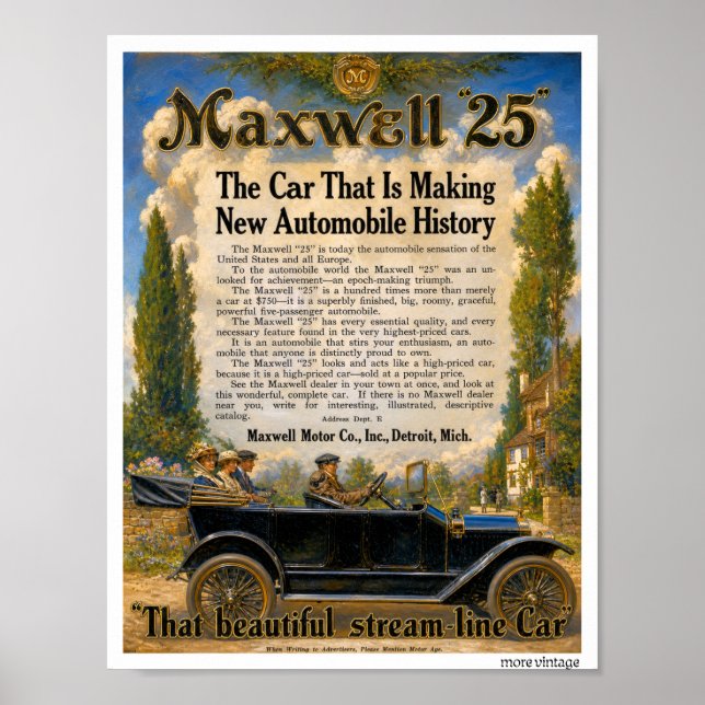 härlig FULLFÄRG auto reklam MAXWELL c1925 Poster (Framsidan)