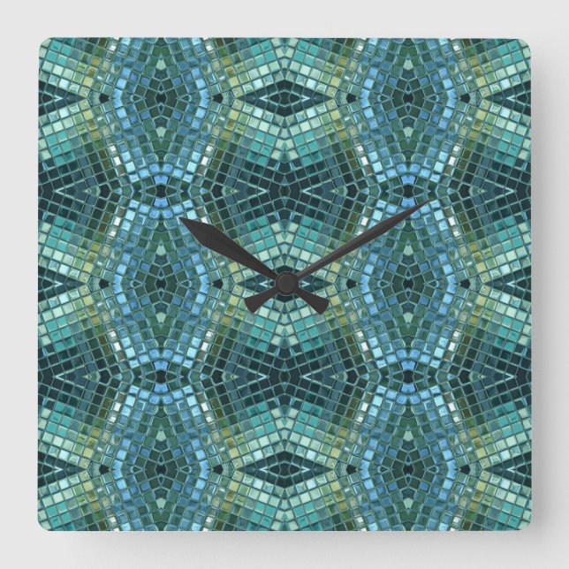 Härlig grönt- och blåttexponeringsglasmosaik fyrkantig klocka (Framsida)