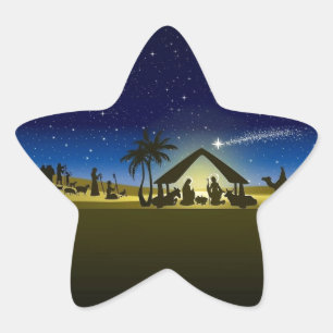 härlig julnativity avbildar trycket stjärnformat klistermärke