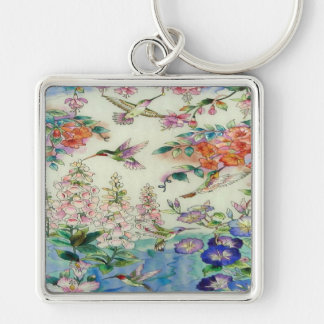 Härlig konst för Hummingbirdsblommamålat glass Fyrkantig Silverfärgad Nyckelring
