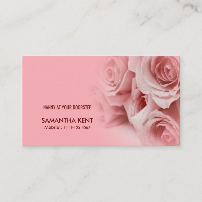 Härlig lugna rosa rosvisitkort för barnflicka visitkort (Framsida)